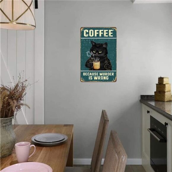 Retro Cat Coffee Metal Sign Vintage Kitchen Signs Wall Decor Because Murder - Picture 4 of 7